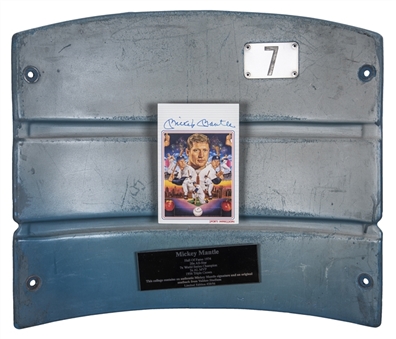 1980s Mickey Mantle Signed Promotional Card With Stat Plaque Affixed To Original Seatback From Yankees Stadium (MLB Authenticated, Greer Johnson COA)